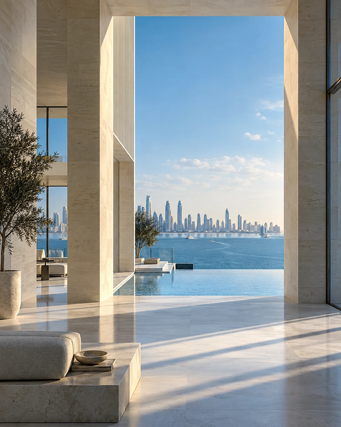 Lichtdurchflutete Architektur mit Blick auf das Wasser – Architekturvisualisierung